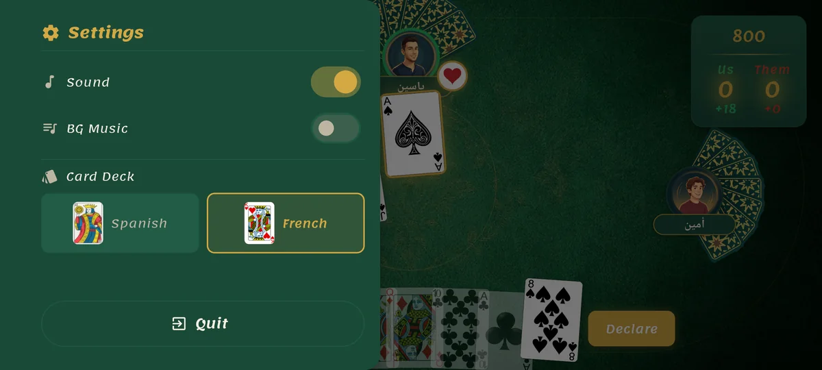 In-game settings — swap decks without leaving the table.